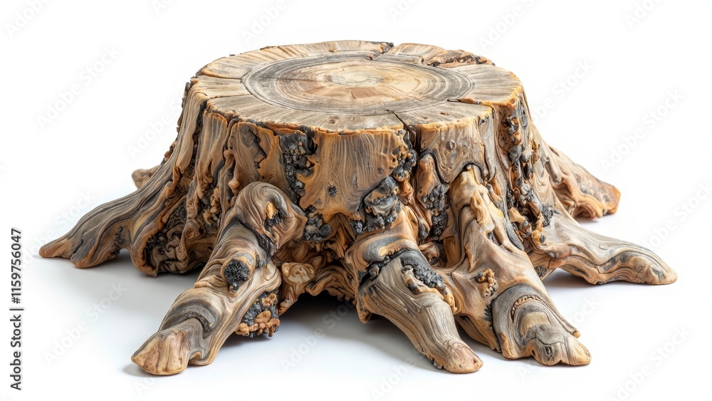 Aufkleber intricate tree stump with textured bark and unique patterns on white background