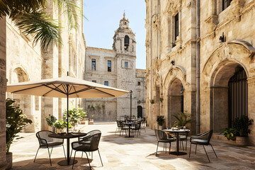 Sunny courtyard cafe scene with antique stone buildings, bistro tables, and stylish chairs under a beige umbrella. Perfect for travel, lifestyle, or hospitality.
