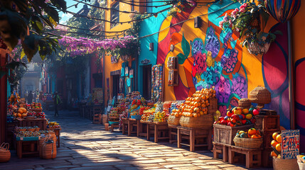 A street market surrounded by vibrant murals, with the art on the walls blending with the colors of the goods on sale, creating a seamless flow of creativity and commerce.  