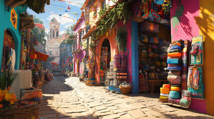 Fototapeta premium A street market surrounded by vibrant murals, with the art on the walls blending with the colors of the goods on sale, creating a seamless flow of creativity and commerce. 