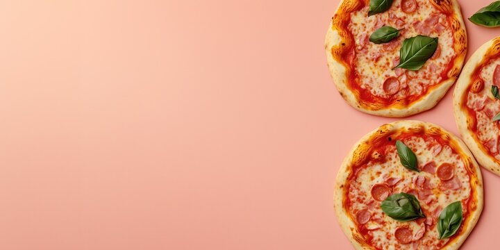 Mini pizzas with ham, cheese, pepperoni and basil on pink background, copy space