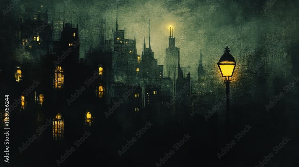 Aufkleber mysterious dark cityscape with illuminated windows and a vintage streetlamp in a haunting atmosphere