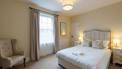  A serene bedroom features a white bed with a tufted headboard, flanked by a beige armchair and a white nightstand with a lamp. A window with white curtains and a white radiator are visible
