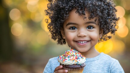 Naklejka premium Happy toddler holding a cupcake outdoors.