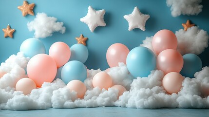 Pastel Balloons and Stars Amongst Fluffy Clouds