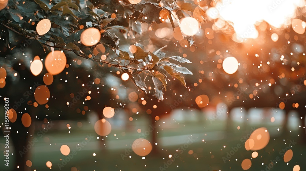 Poster sunlit orchard scene with bokeh effect, showcasing leaves and branches.