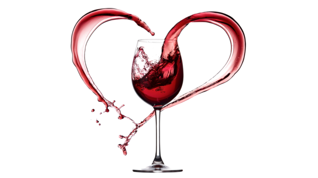 glass of red wine with heart shaped splashes, Valentine's Day concept for winery to celebrate love