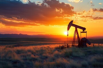 Naklejka premium Sunset over an oil pump in a vast landscape, highlighting energy extraction.