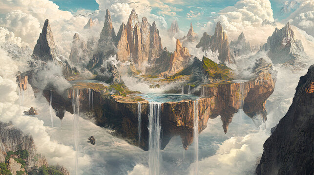A surreal landscape where mountains float in the sky, connected by waterfalls, symbolizing the unbound creativity of the mind. 