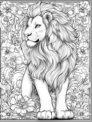 Coloring page, portrait of a lion on a background of flower patterns