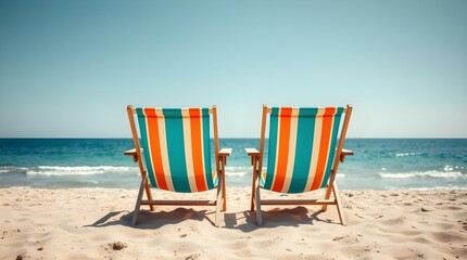 two vibrant orange and turquoise striped beach chairs facing a calm blue ocean under a sunny sky, space for copy
