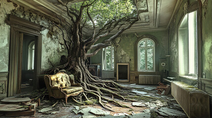 A surreal scene where the fallen tree has grown new roots through the damaged roof, turning the interior of the house into a living forest. 
