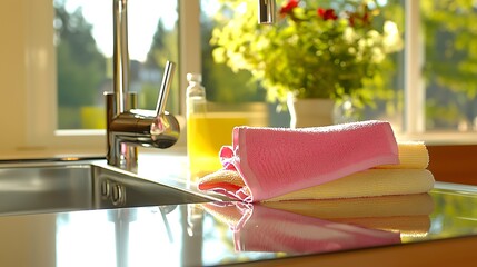 Clean kitchen sink with folded dishcloths and soap.