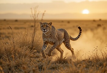 Cheetah Running Across Savannah at Sunset