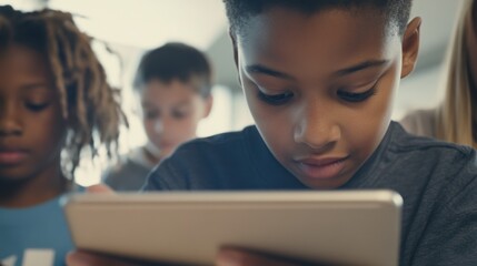 A teacher using a tablet to explain a lesson in class. Featuring students engaged with technology