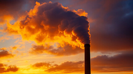 A towering smokestack silhouetted against a sunset, with thick, swirling clouds of smoke blending into vibrant hues of orange and red, symbolizing the urgency of pollution control. 