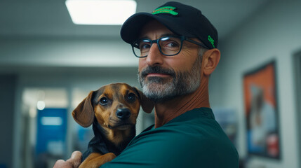 Veterinarian holding a small dog in a veterinary clinic, showcasing the bond between pets and their caregivers