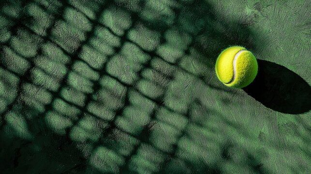 Tennis ball on green court, sunlight casts shadows.