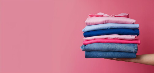 Folded Colorful Clothes Stack on a Pink Background for Laundry and Organization Concepts