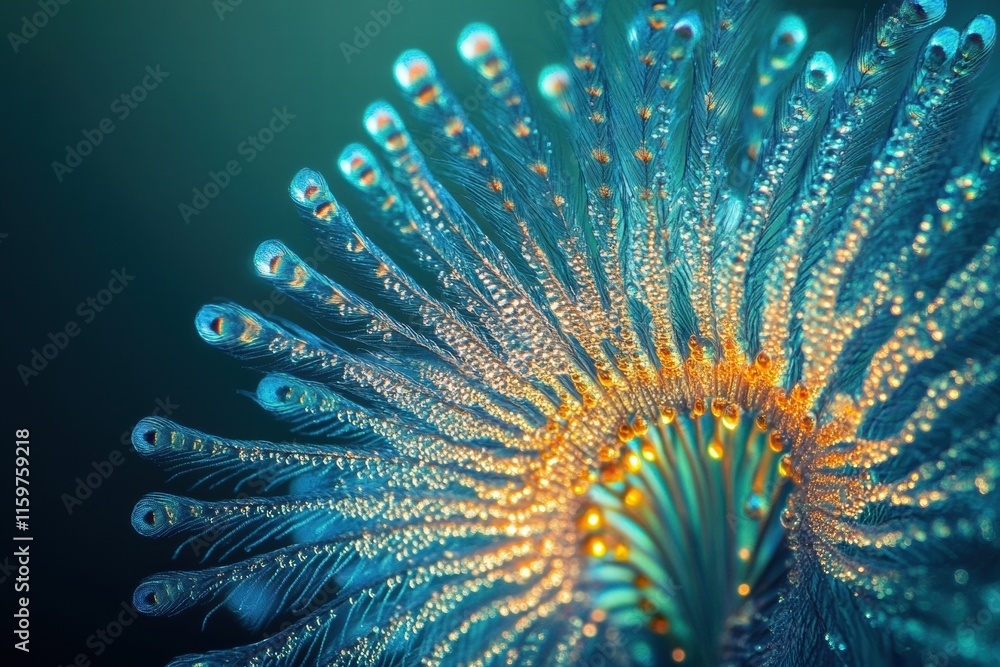 Poster Close up view of vibrant peacock feather adorned with sparkling dew droplets showing intricate detail and texture. Generative AI