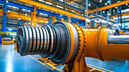Close-up of a large industrial turbine component in a modern manufacturing facility showcasing advanced engineering and machinery
