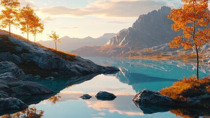 Serene autumnal lake reflecting mountains and sky.