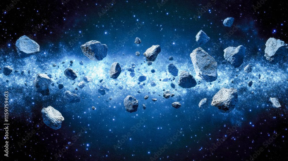 Poster a mesmerizing view of an asteroid field in deep space, showcasing numerous rocky formations against 