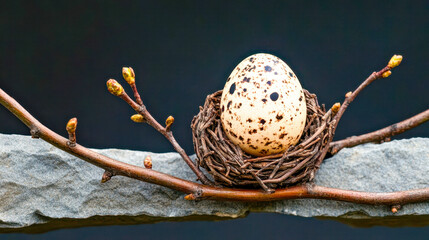Fototapeta premium A beautifully crafted nest with a speckled egg resting on a stone branch, surrounded by budding twigs, symbolizing new life and nature's beauty.