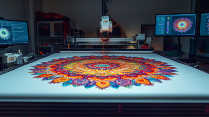 Fototapeta premium A vibrant mandala design being printed on a large fabric sheet, surrounded by glowing computer screens, symbolizing the fusion of art and technology in fabric design. 