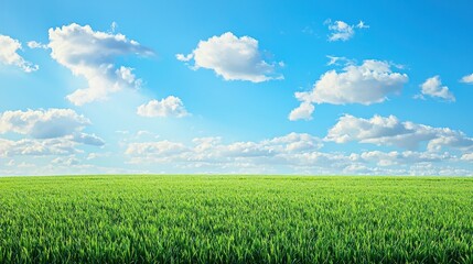 Obraz premium Sunny day, green field, blue sky, fluffy clouds.