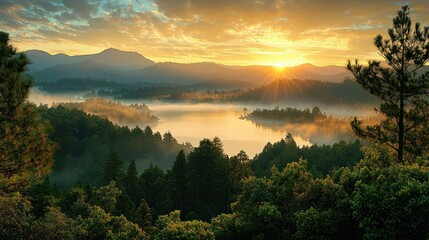 Obraz premium Sunrise over misty lake and mountains.