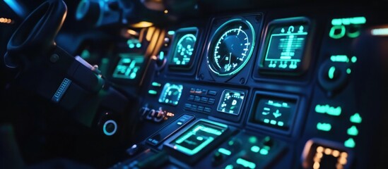 Spacecraft cockpit interface showcasing a digital speedometer, galactic theme, glowing controls" 