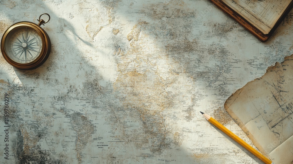 Poster vintage map with compass and pencil on textured background for travel planning or exploration inspir