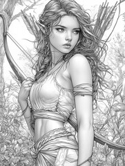 Coloring page for adults, elf girl with bow and arrow
