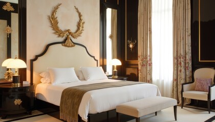  A luxurious bedroom features a large bed with white linens, a gold-framed headboard, and a gold wreath above the bed. The room is adorned with floral curtains, a gold-framed mirror