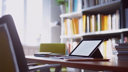 Naklejka premium Academic reading research papers on a tablet in a modern study. Featuring a tidy desk and study materials