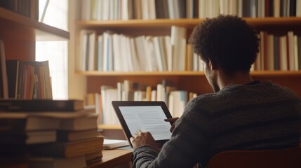 Academic reading research papers on a tablet in a modern study. Featuring a tidy desk and study materials