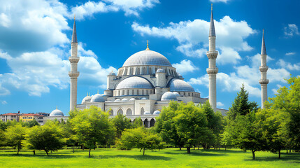 Obraz premium Majestic Sabancı Central Mosque in Adana, Turkey, under a vibrant blue sky. Lush greenery surrounds the grand Islamic architecture.