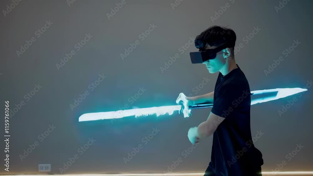 Poster virtual reality user engaging with interactive digital environment footage
