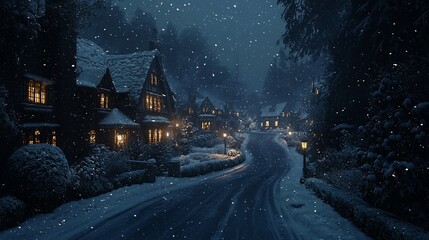 Fototapeta premium Snowfall on a charming village street at night.