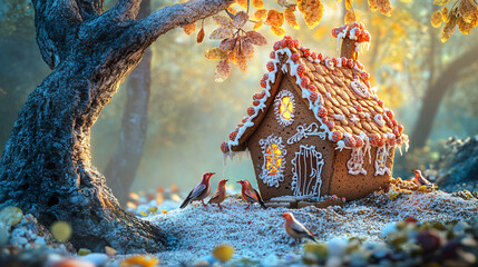 Obraz premium A whimsical scene of a tree fallen on a fairytale house made of gingerbread, with candy shingles cracked open and birds trying to help repair the roof. 