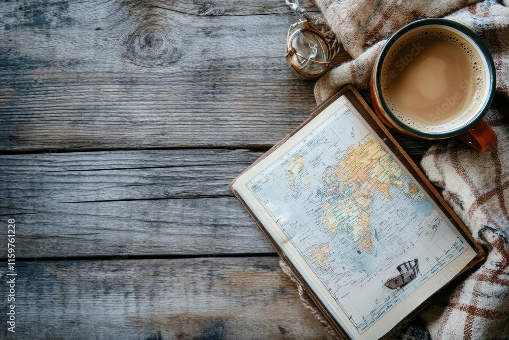Poster cozy travel flatlay showcasing a cup of coffee and an open travel guide on rustic wooden surface. ge