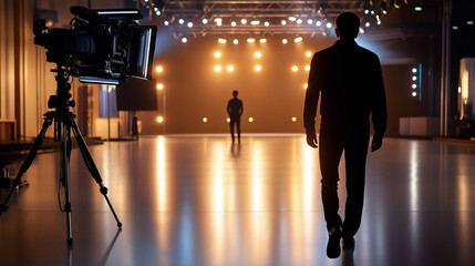 Fototapeta premium Creative process unfolds as a filmmaker captures the perfect shot in a dimly lit studio