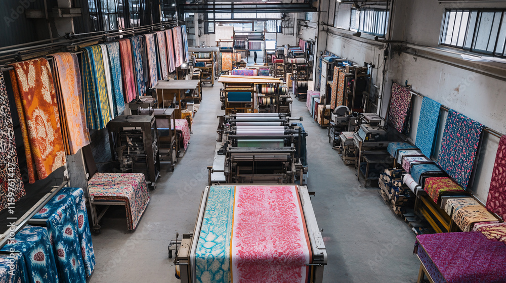 Poster a wide shot of a bustling textile printing workshop, with colorful fabrics hanging from racks and mu