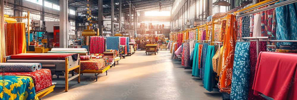 Aufkleber a wide shot of a bustling textile printing workshop, with colorful fabrics hanging from racks and mu