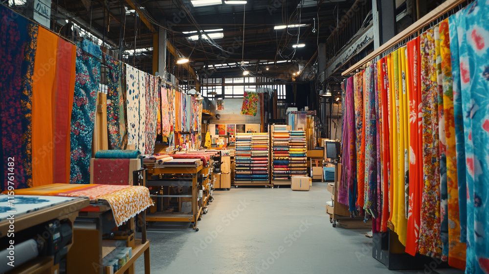 Poster a wide shot of a bustling textile printing workshop, with colorful fabrics hanging from racks and mu
