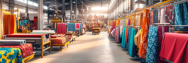 Fototapeta premium A wide shot of a bustling textile printing workshop, with colorful fabrics hanging from racks and multiple printers producing vivid patterns. 