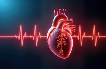 3D anatomical heart illustration with glowing blood vessels. Heart rhythm, pulse highlighted by ECG line. Medical illustration demonstrates human heart structure, function. Illustrates cardiac cycle