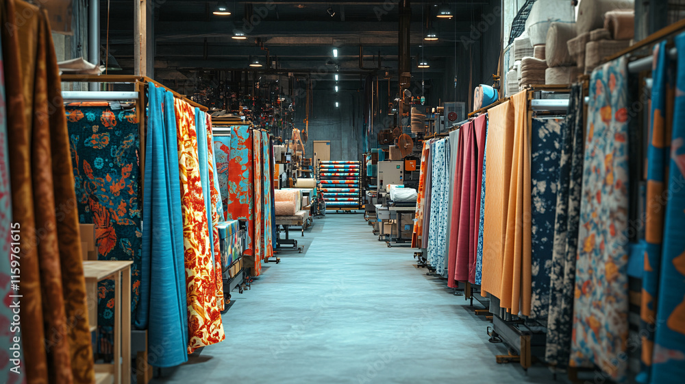 Poster a wide shot of a bustling textile printing workshop, with colorful fabrics hanging from racks and mu