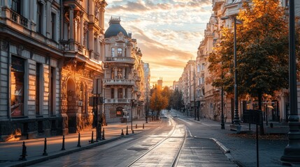 Obraz premium Sunrise illuminates empty autumn city street.